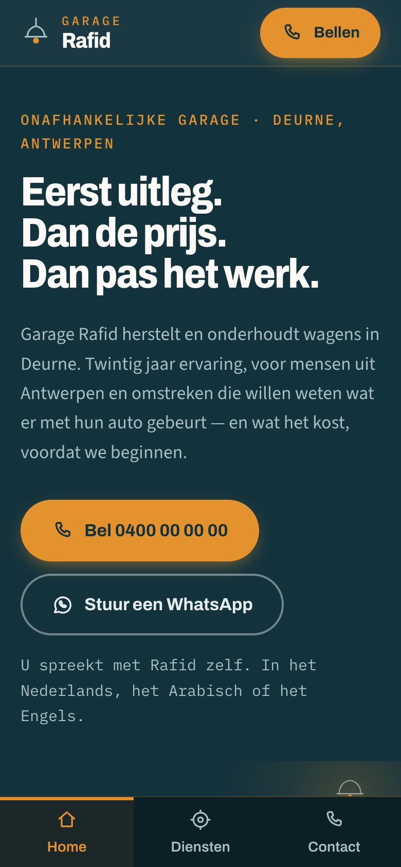 Screenshot of the first Garage Rafid site, as seen on a phone